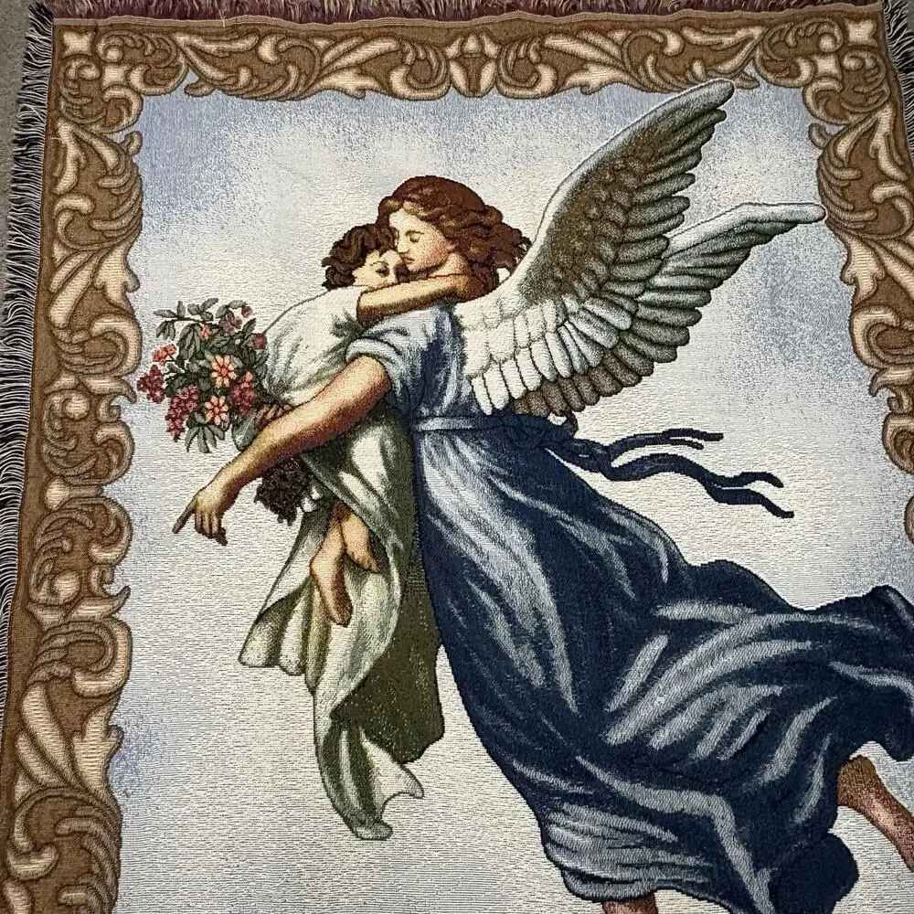 Vintage American Weavers Guardian Angel Throw Tapestry Wall Hanging 48 X 57